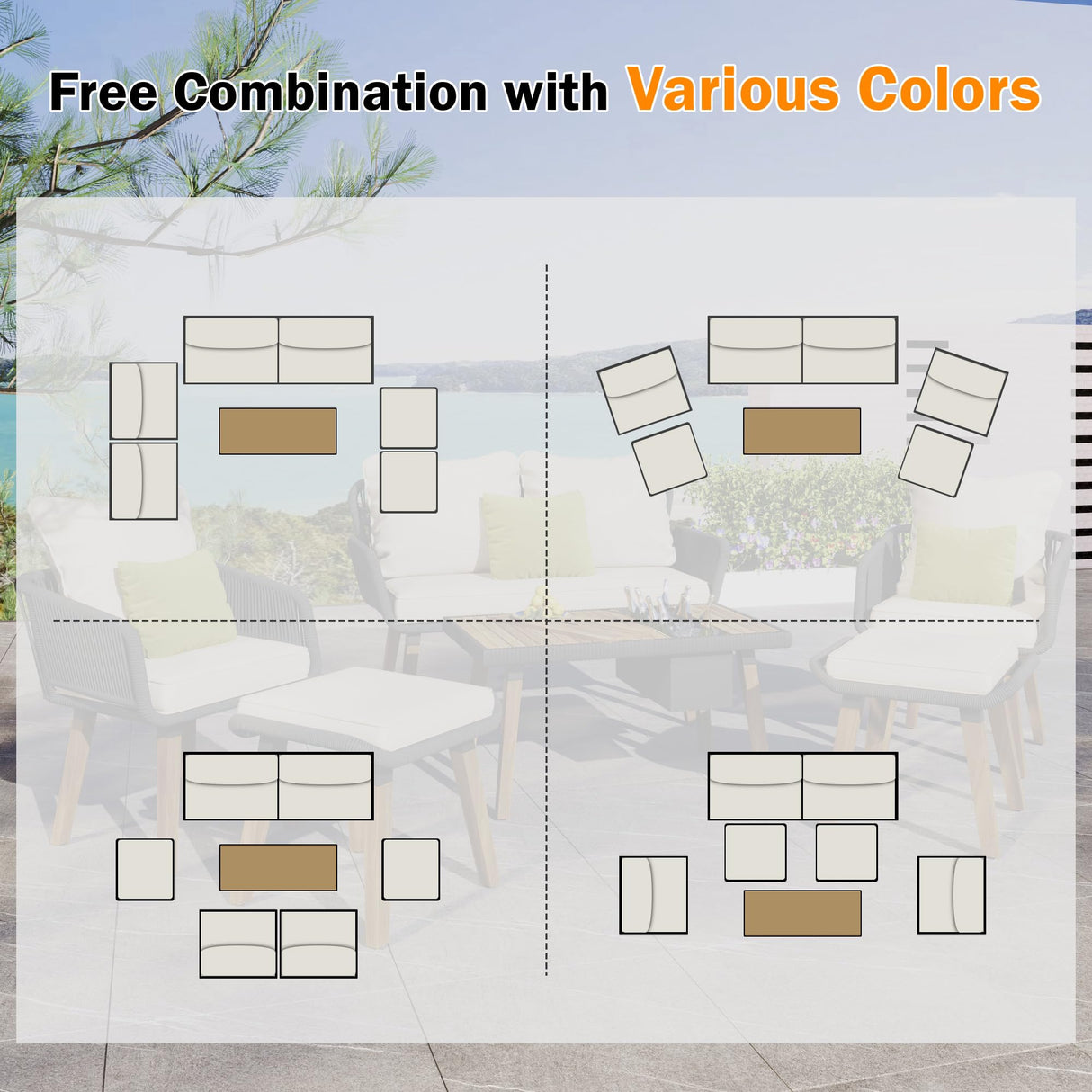 LZ LEISURE ZONE 6-Piece Beige Patio Conversation Set with Acacia Wood Cool Bar Table and Rope Weaving Chairs LZ LEISURE ZONE