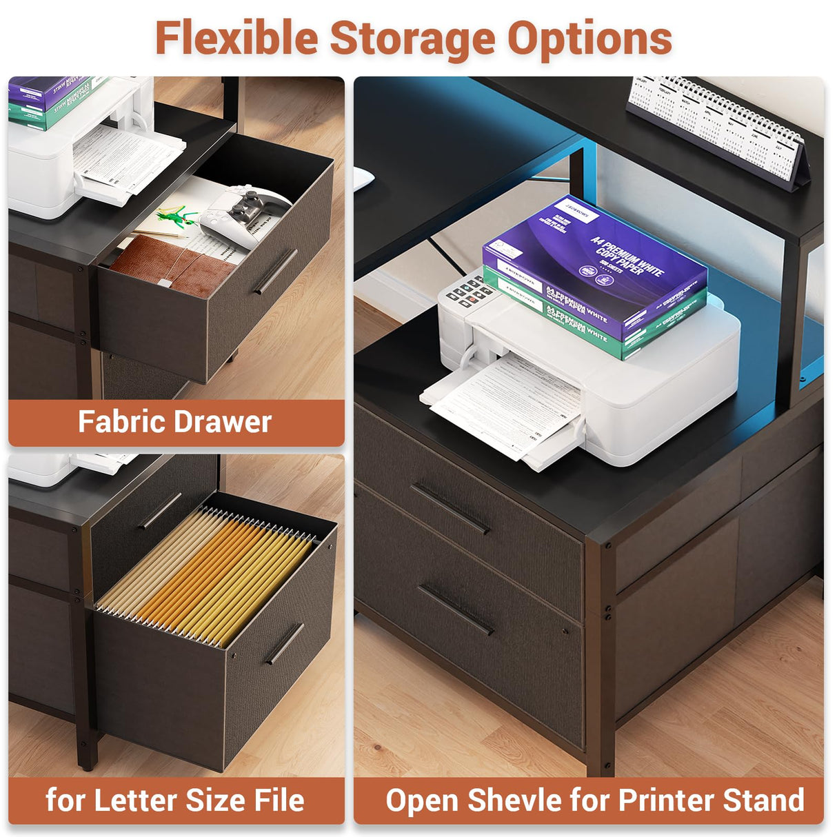 Aheaplus L Shaped Desk with File Drawer, 66" Reversible L Shaped Computer Desk with Power Outlet & LED Strip, Gaming Desk with Long Monitor Stand, Office Desk Corner Desk with Storage Shelf, Black Aheaplus