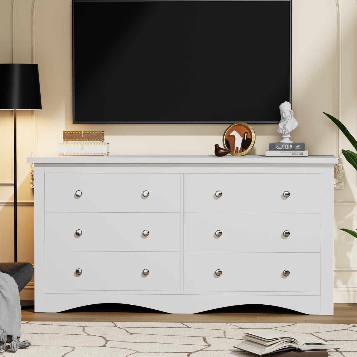 YESHOMY Dresser for Bedroom with 6 Drawers, Modern Chest of Drawers, Wooden Dressers, TV Stand for Living Room,Closet, Hallway (White)