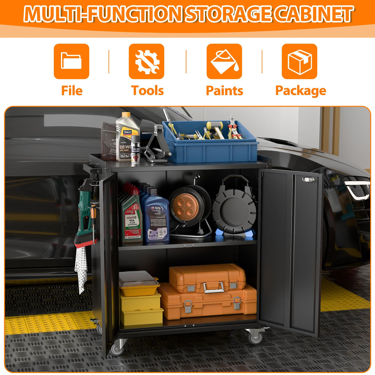 SUXXAN Metal Garage Storage Cabinet on Wheels, Black Steel Rolling Tool Cabinet with 2 Doors Pegboard a Handle Hooks Adjustable Shelves for Home Office Garage, Assembly Required SUXXAN