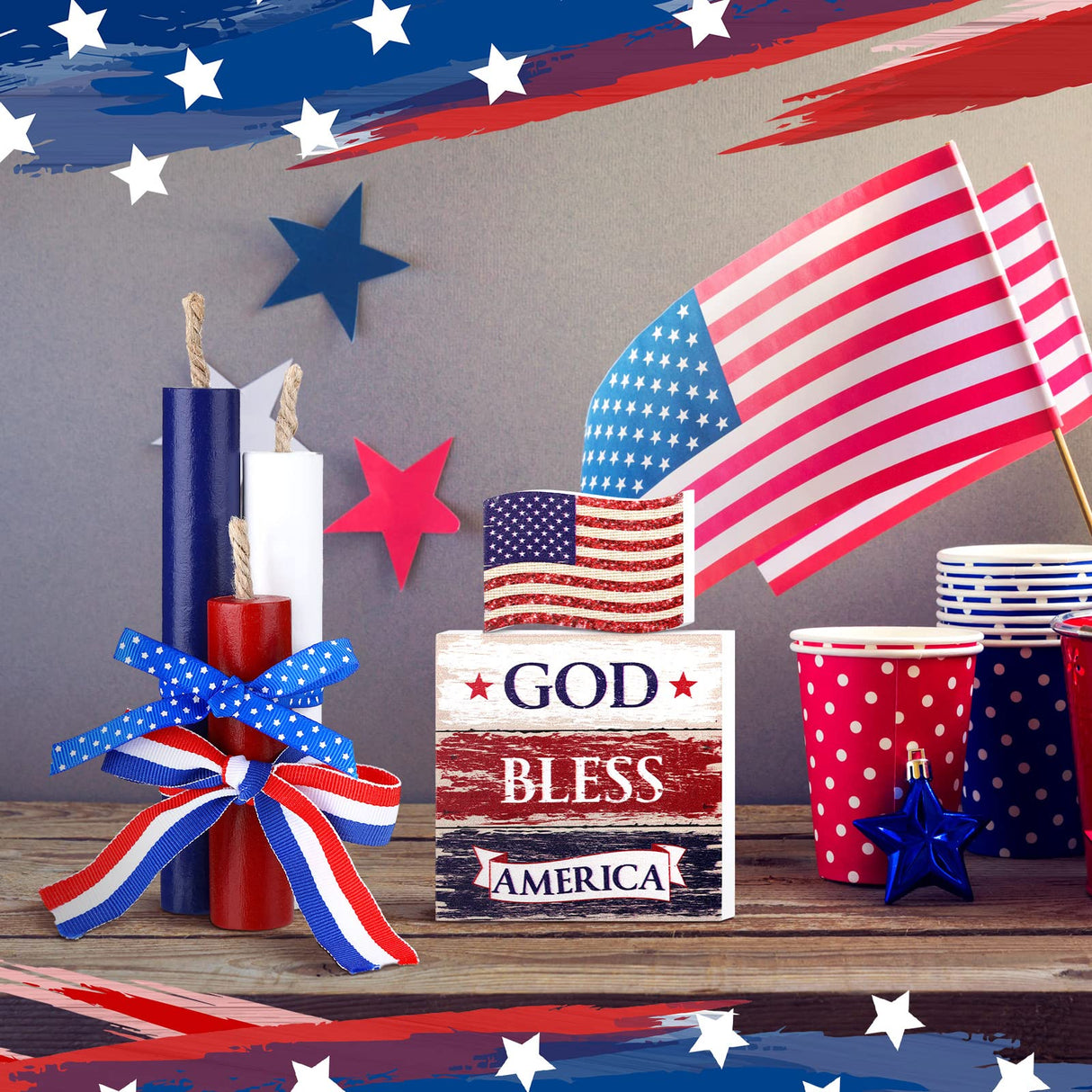 Amyhill 5 Pcs 4th of July Table Decorations Patriotic Table Centerpieces Rustic Independence Day Wood Firework Signs Tiered Tray Decor Rustic God Bless America Decor (American Flag) Amyhill