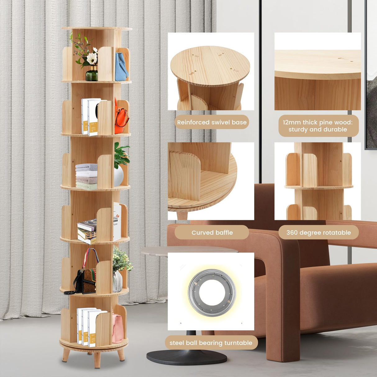 LyeXD 6-Tier Rotating Wood Bookshelf - Multi-Functional Display Bookcase for Any Room LyeXD
