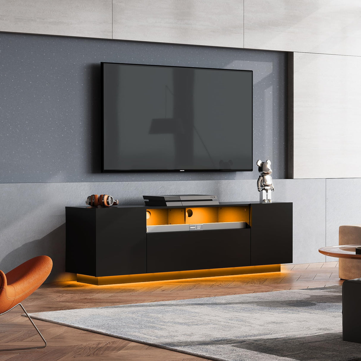 WLIVE TV Stand for 65 Inch TV, Modern Entertainment Center with LED, 58" TV Console with Storage Cabinet, TV Stands for Living Room, Black WLIVE