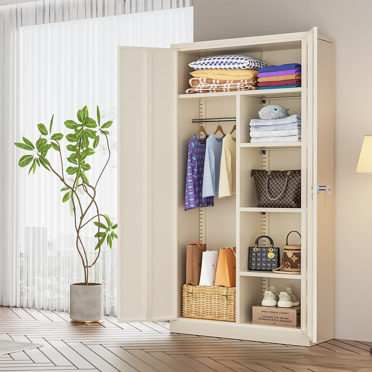 INTERGREAT Metal Wardrobe Closet, 72" Grey Locking Storage Wardrobe Cabinet with Doors and Shelves, Tall Steel Clothes Storage for Office, Home, School, Gym INTERGREAT