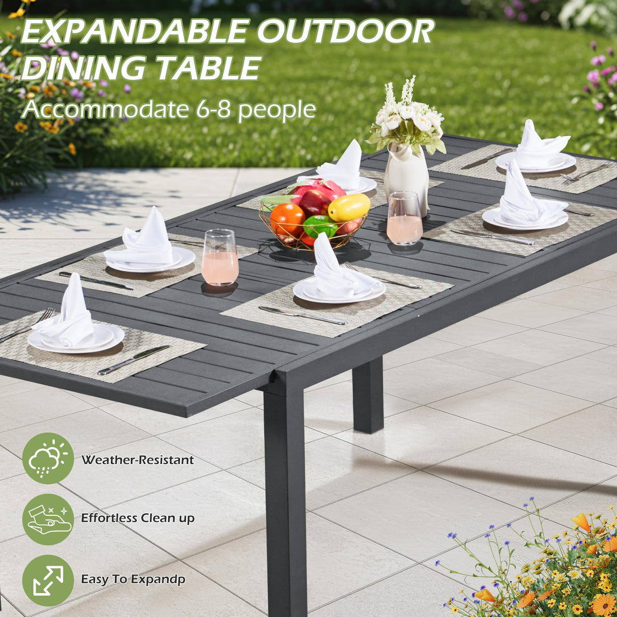 BUPPLEE 38"-84" Extendable Outdoor Dining Table Set for 4-8 Person, Rectangular Outdoor Furniture Adjustable Table & 6Pcs Textilene Chairs for Porch,Backyard, Garden, Poolside and Deck-7 Piece Grey BUPPLEE