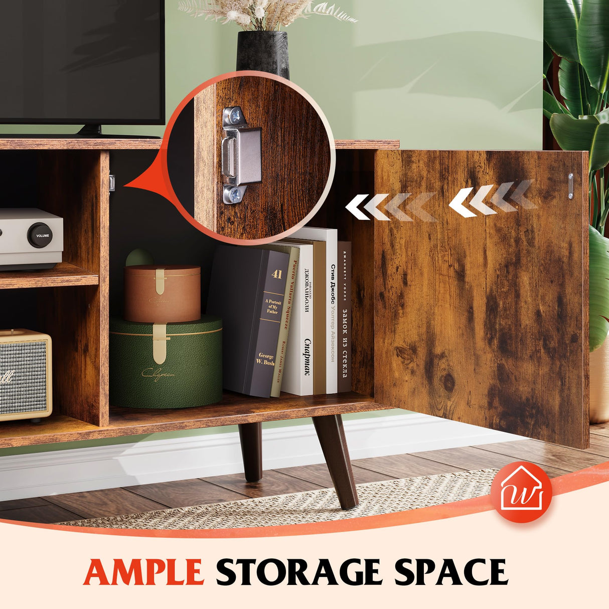 WLIVE Mid-Century Modern TV Stand for 55" TV, Entertainment Center with Storage, Open Shelves TV Console for Living Room and Bedroom, Retro Brown WLIVE