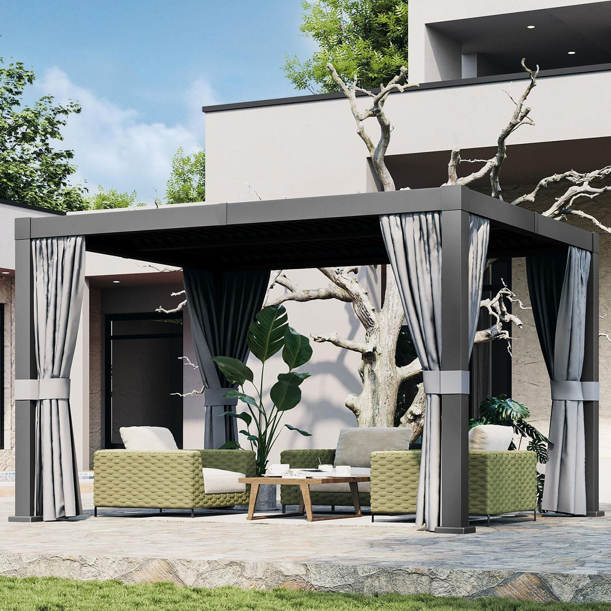 Aoxun Louvered Pergola 10' x 12' Outdoor Aluminum Pergola with Adjustable Top for Decks, Gardens and Backyards, Gray Aoxun