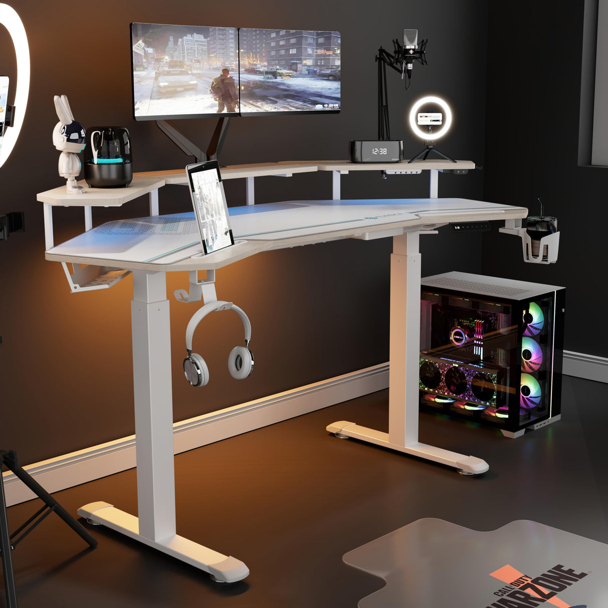 EUREKA ERGONOMIC Standing Desk,63" Electric Adjustable Height Computer Desk,Wing Shaped Music Studio Desk, LED Monitor Stands, Dual Motor&Slot, Maple EUREKA ERGONOMIC