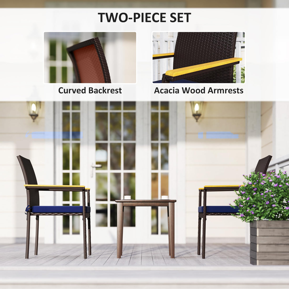 Outsunny Wicker Outdoor Dining Chairs Set of 2, Stackable PE Rattan Patio Dining Chairs with Cushions and Acacia Wood Armrests for Deck, Garden, 353 LBS Capacity, Navy Blue Outsunny