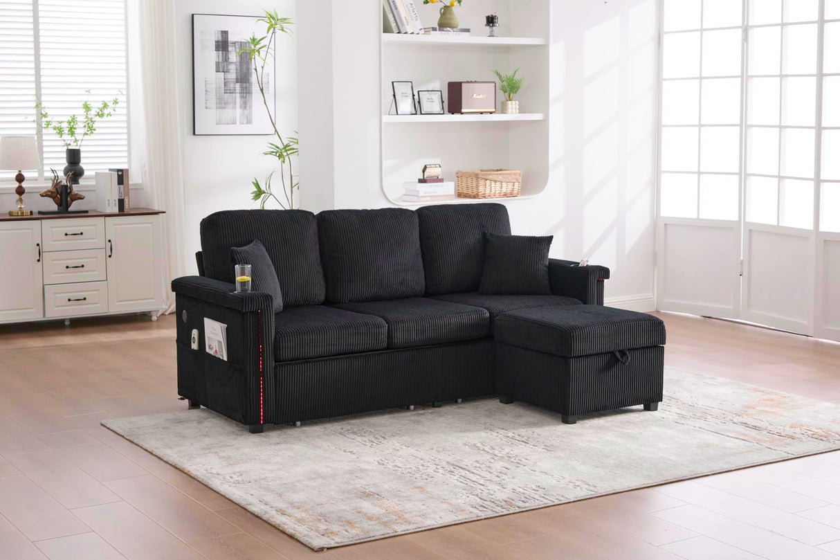 76.8" L-Shaped Sleeper Sofa with Storage Ottoman, USB Ports, Cup Holders&LED Lights, Side Pockets, Comfy Corduroy Modern 3-Seater Small Couch Bed for Living Room with 2 Throw Pillows (Black) SLEERWAY