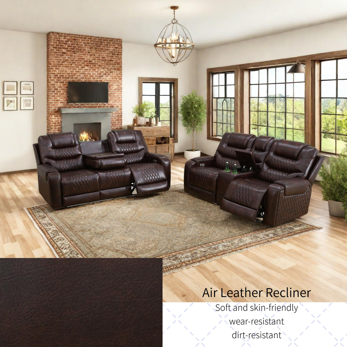 Living Room Furniture Set, Power Reclining Sofa Set, Air Leather Recliners with Built-in USB Ports and Storage Console, LED Reclining Couch Set for Living Room (Wine, Sofa Loveseat) AYCP Furniture