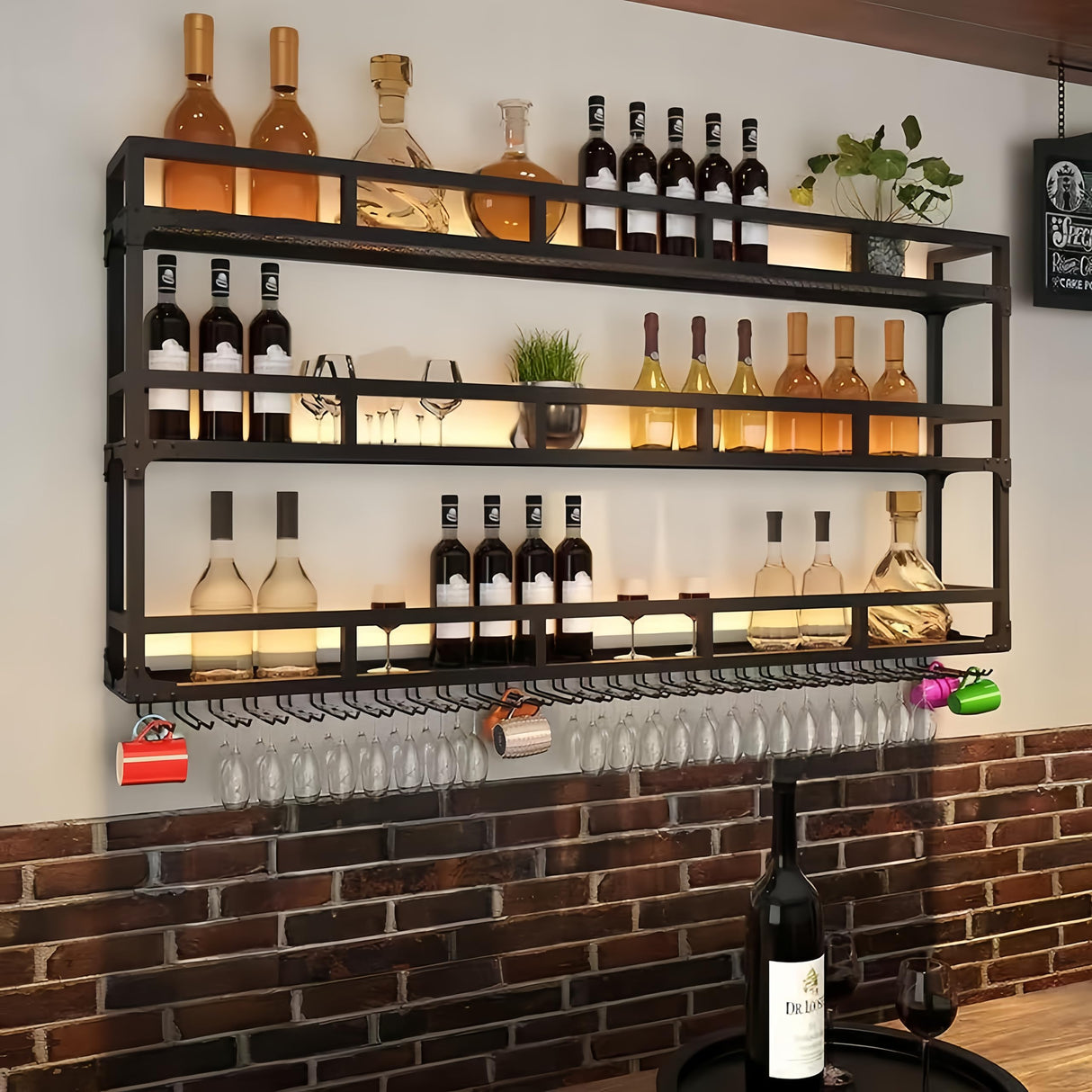 HFTUW 3-Tier Wall Mounted Wine Rack with LED Light, Stylish Wall Bar Shelves for Liquor Bottles & Hanging Glasses, Bar Shelves Wall Mounted for Kitchen, Dining Room & Home Bar(Black, 120cm/47in) HFTUW