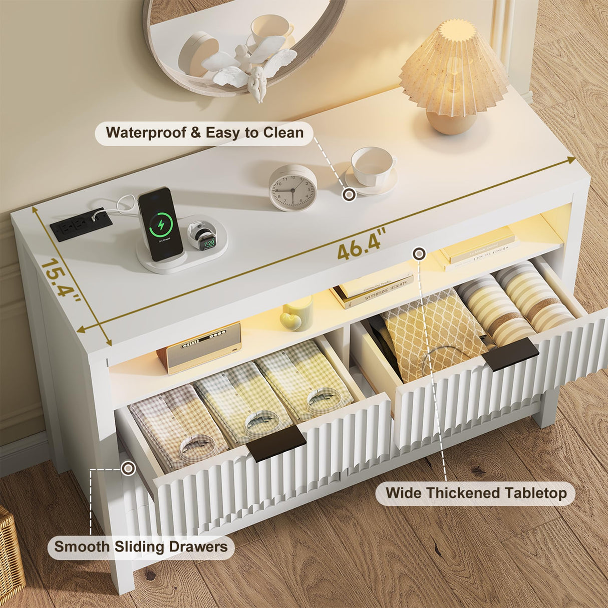 Fluted 6 Drawer Dresser with Power Outlet and LED Lights,Modern Chest of Drawers with Charging Station,Large Dresser TV Stand,Double Wooden Drawer Organizer for Bedroom,Living Room, Hallway(White) Jocoevol