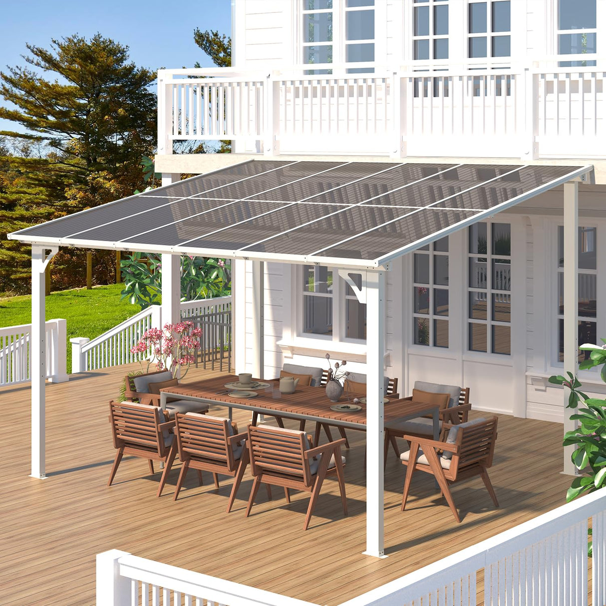 AECOJOY 12' x 10' White Pergola Gazebo, Large Wall Mounted Pergolas and Gazebos on Clearance, Outdoor Patio Lean to Hard Top Gazebo Metal Awnings for Decks,Patio, Porch, Backyard and More AECOJOY