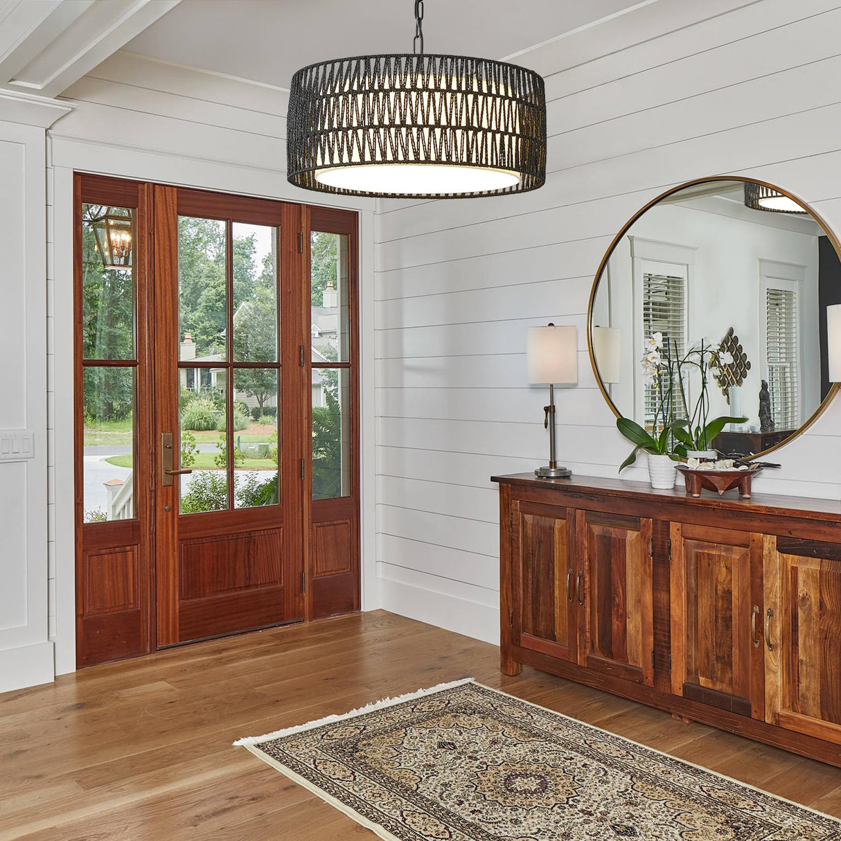 Farmhouse Rattan Chandelier Light Fixture, Black boho Pendant Light Hand Woven Chandeliers for Dining Room with Fabric Shade, Large Wicker Coastal Pendant Light for Kitchen Bedroom Island Hallway JTYP