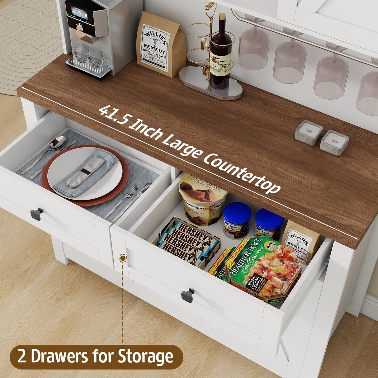 67.7 Inch Farmhouse Pantry Storage Cabinet with Sliding Barn Doors, 2 Drawer Farmhouse Coffee Cabinet with Adjustable Shelf, Buffet Cabinet with Buffet Cupboard for Kitchen, Livingroom Vabches