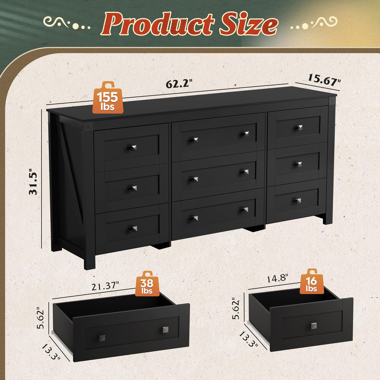 WLIVE Farmhouse 9 Drawer Dresser, 63" Wide Dresser Storage Organizer, Wood Dresser for Bedroom,TV Stand for 70 inch TV, Chest of Drawers for Living Room, Hallway, Ball Bearing Slide (Black) WLIVE