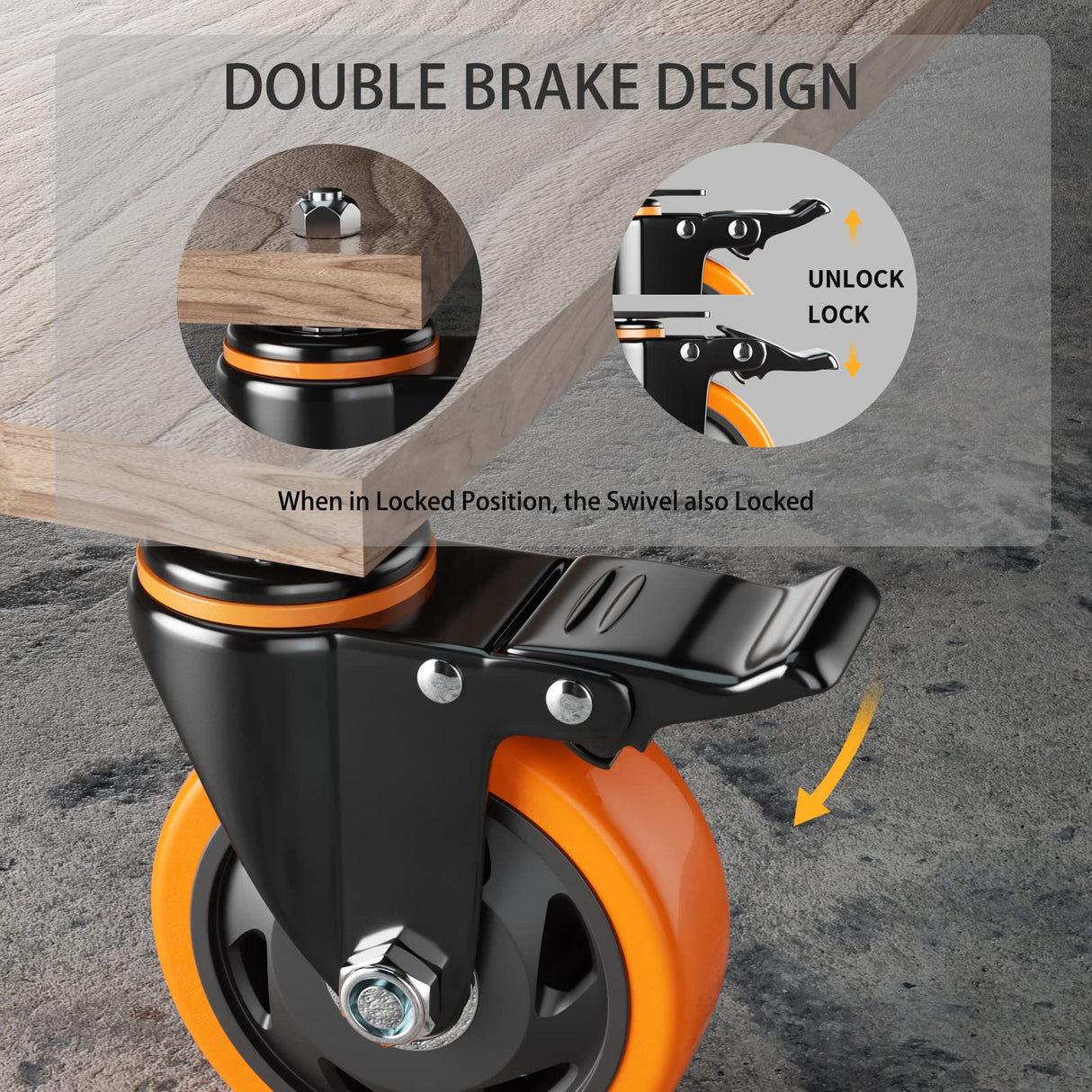 4 Inch Caster Wheels 2200Lbs, Threaded Stem Casters Set of 4 Heavy Duty, 1/2"-13 x 1 (Screw Diameter 1/2", Stem Length 1"), Safety Dual Locking Industrial Castors, Wheels for Cart, Furniture YUPEZOP