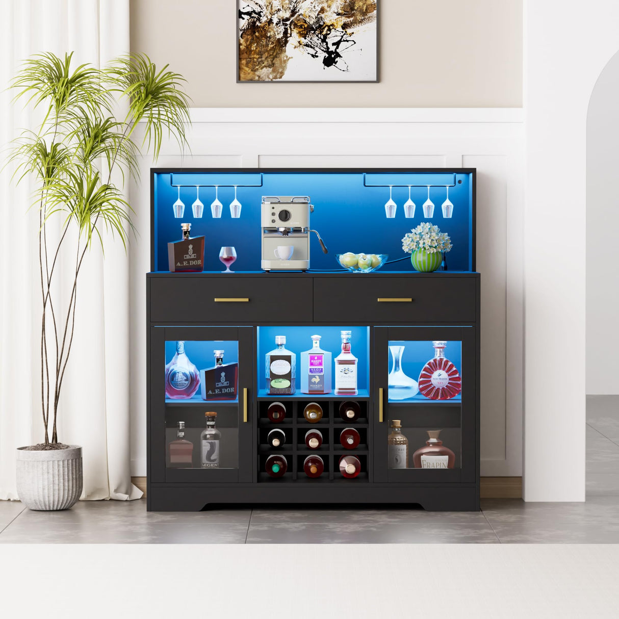 Wine Bar Cabinet with LED Light, Kitchen Coffee Bar Cabinet with Power Outlet, Home Liquor Cabinets with Glass Holder and Wine Racks, Modern Buffet Sideboard with Storage for Living Room, Kitchen SAHISTCT