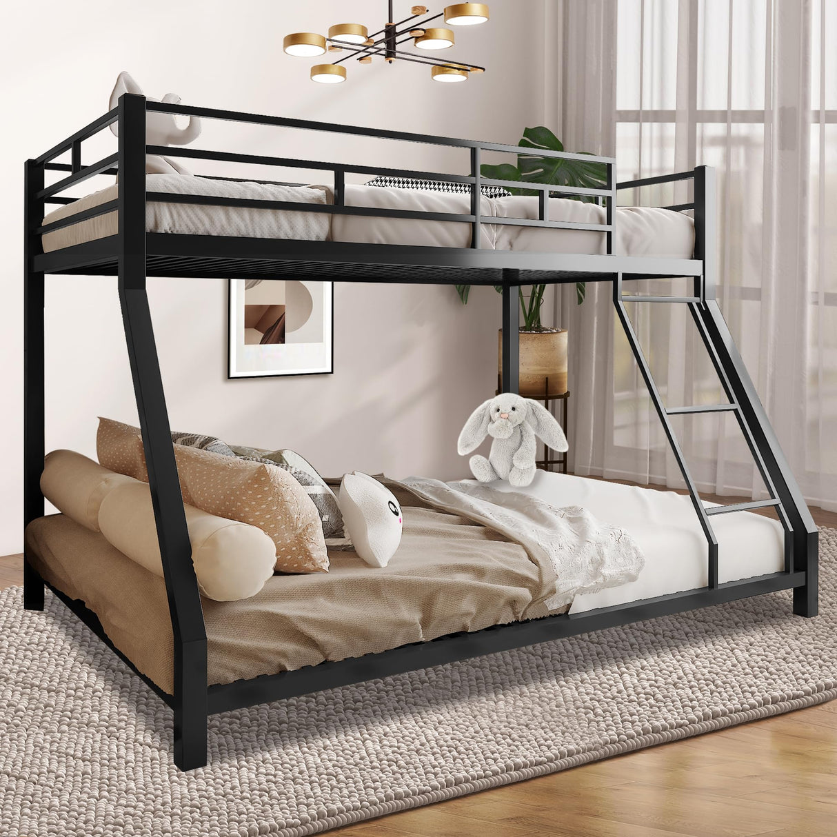 Cyranture Bunk Bed Twin Over Full Size, Twin Over Full Bunk Beds with Ladder & Guardrail Heavy Duty Bunk Beds Frame for Teens Adults Dorm Bedroom Guest Room, No Box Spring Needed(Black) Cyranture