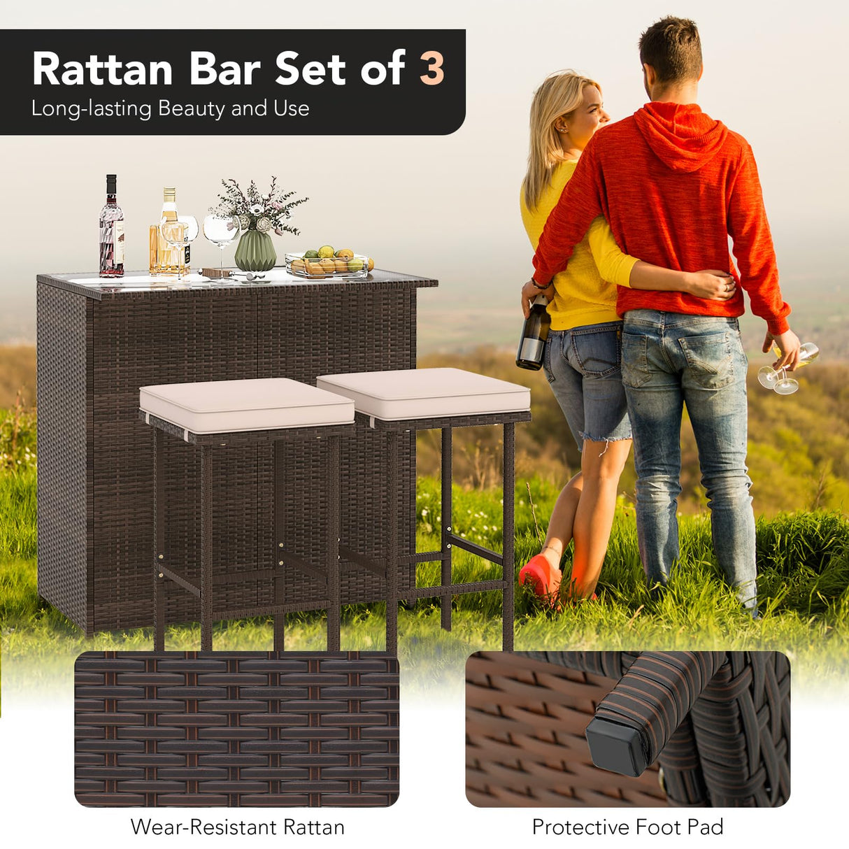 Tangkula 3 Piece Patio Bar Set, Outdoor Rattan Bar Table and 2 Stools with Tempered Glass Tabletop, 2-Tier Storage, Removable Cushions, Outside Wicker Conversation Set Tangkula