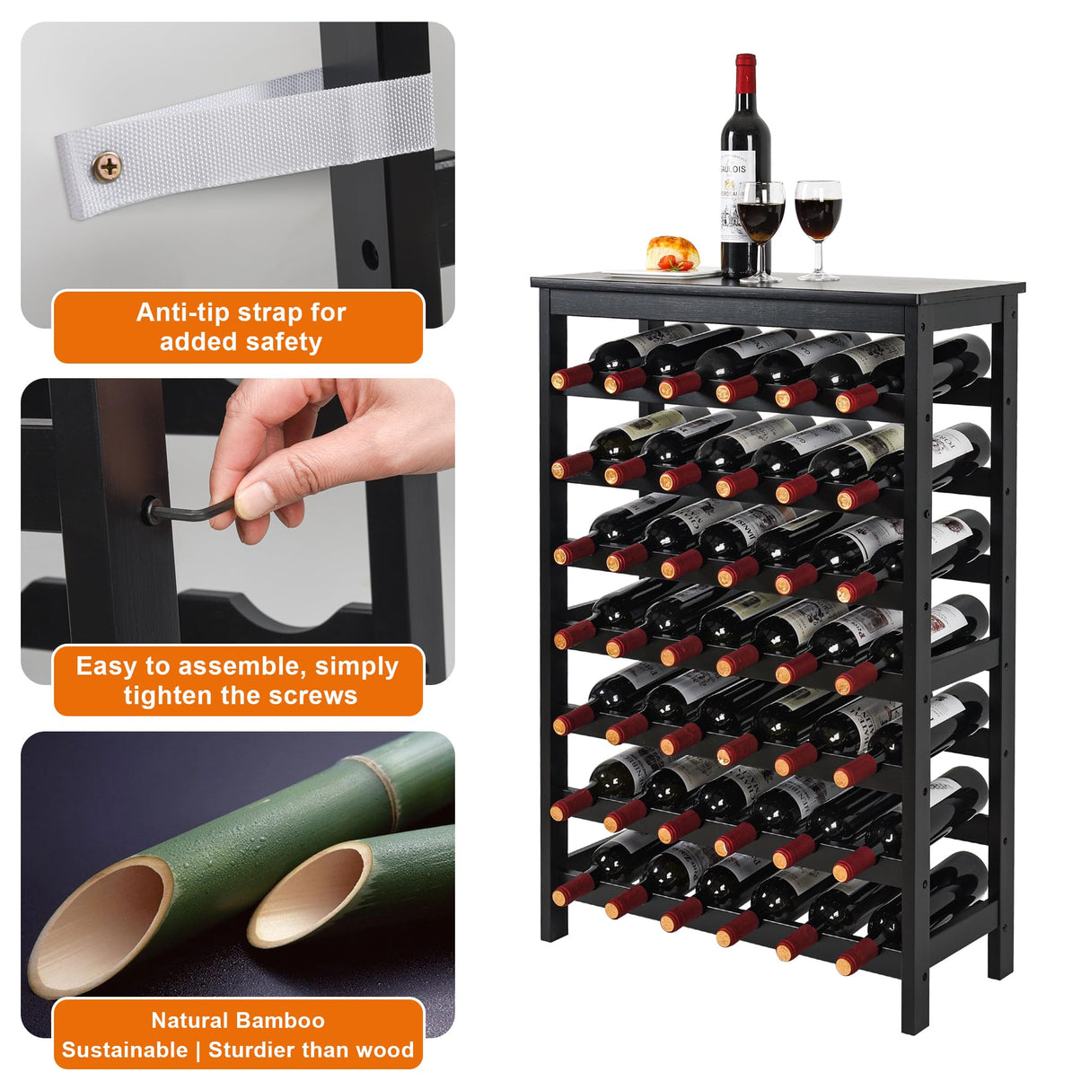 VASMIA 42 Bottles Bamboo Wine Rack,7-Tier Wine Rack Freestanding Floor with Table Top, Wine Storage Shelf for Kitchen Dining Room Bar,Black VASMIA