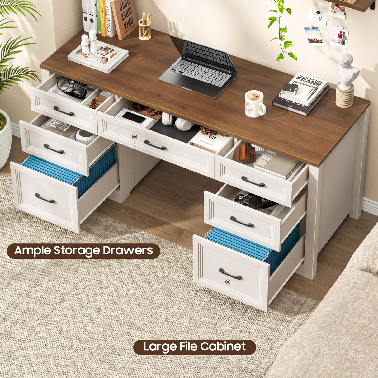 Halitaa Farmhouse Executive Desk, Wood Home Office Desk with 2 Large File Drawers and 5 Storage Cabinets, Rustic Writing Desk for Work and Study, Brown Halitaa