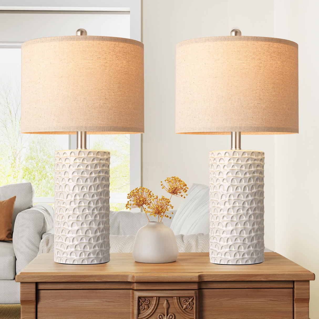 PARTPHONER 23" Modern Ceramic Table Lamp Set of 2, Table Lamps for Living Room, Rustic Farmhouse Bedside Lamps Nightstand lamp for Bedroom, White Desk Lamp for End Table Home Decor Beige PARTPHONER
