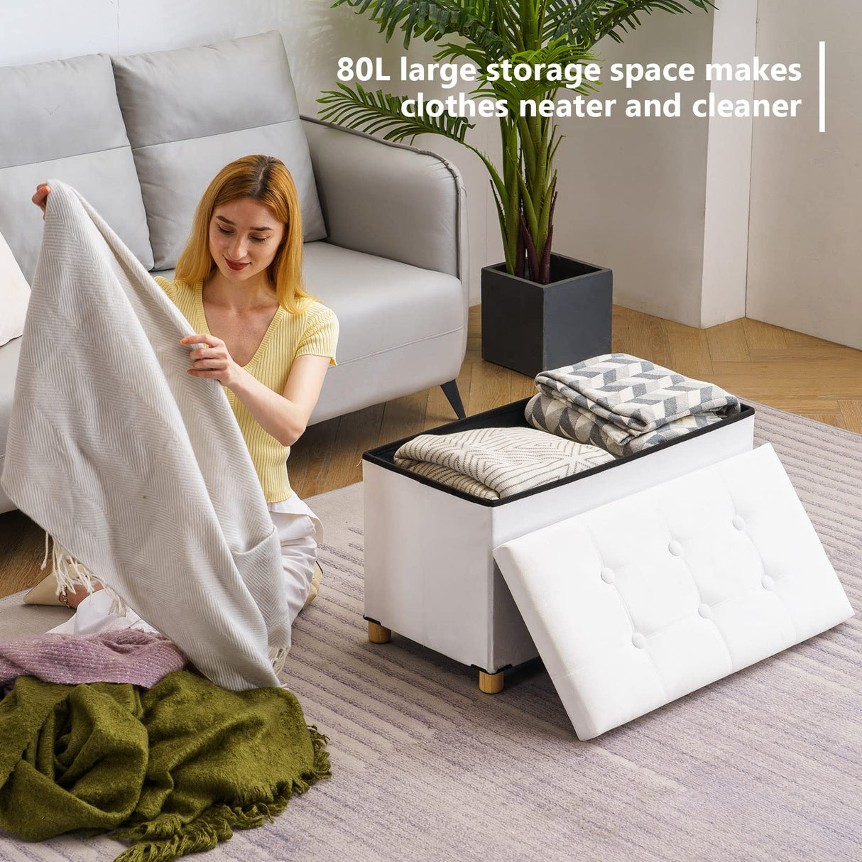 30 Inches Folding Storage Ottoman Bench, Velvet Storage Chest, Footrest Couch with Wooden Legs, Support 350lbs for Bedroom, Living Room, Hallway, White YOUDENOVA