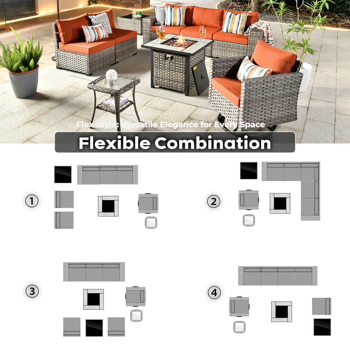 ovios 9 Pieces Patio Furniture Set, Outdoor Wicker Sectional Sofa with 30" Fire Pit Table Swivel Chair, Modern Modular Deep Seat Rattan Couch Conversation Sets, Orange Red ovios