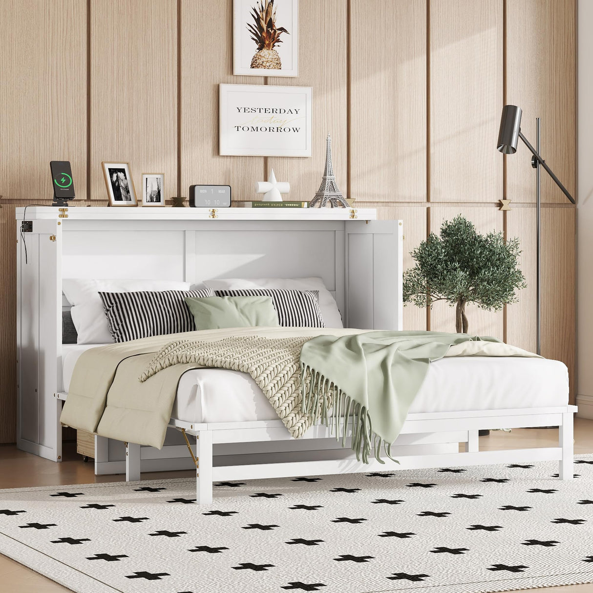 DNChuan Queen Size Murphy Cabinet Bed with Storage Drawer,Foldable Murphy Chest Dresser Bed with Charging Station,Space-Saving for Home Office,Guest Room-White DNChuan