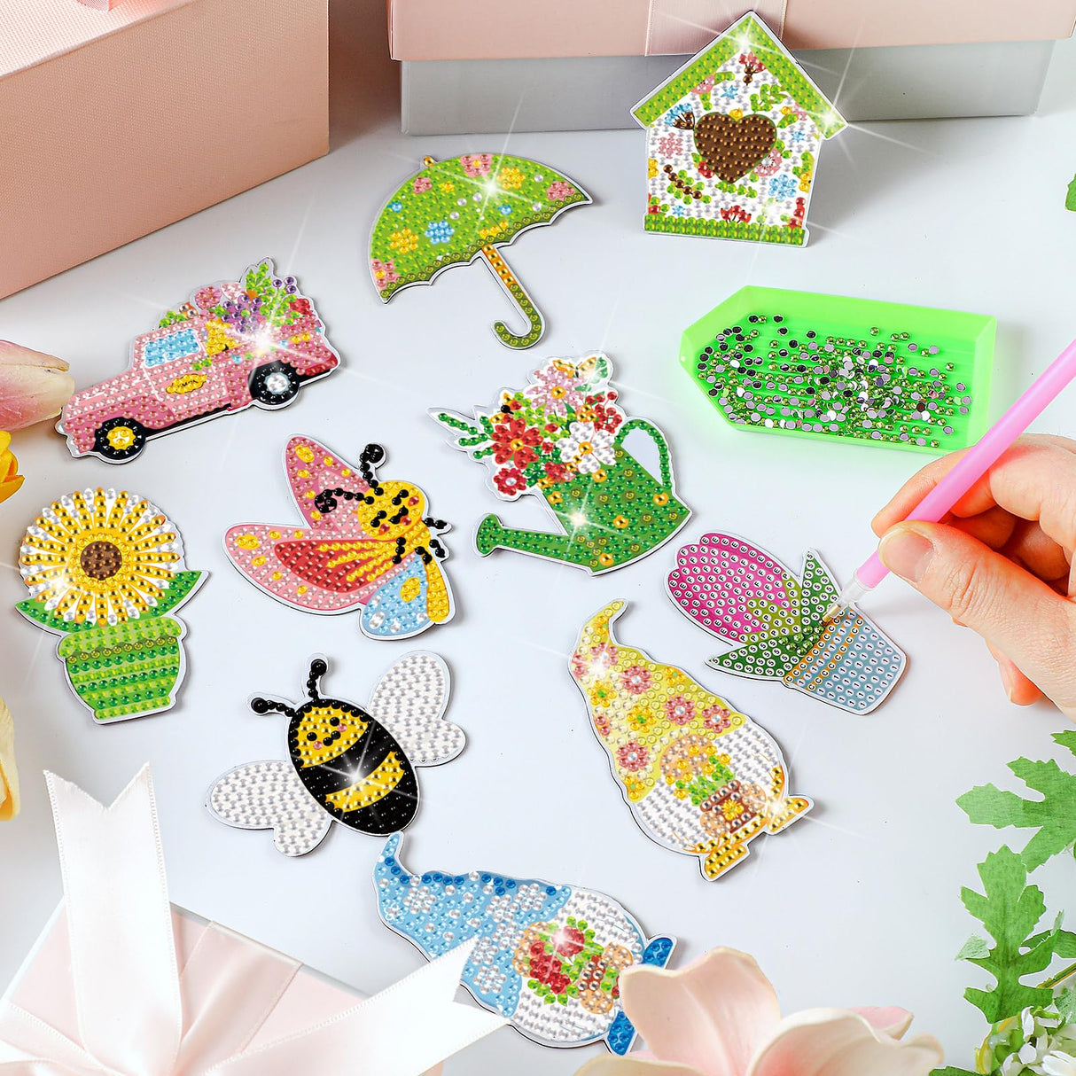 Saillong 20 Pcs Spring Diamond Painting Magnets Flower Butterfly Bee Gnomes Sunflower Diamond Art Magnets Kits Refrigerator Magnetic Stickers for Fridge Home Adults DIY Crafts Saillong