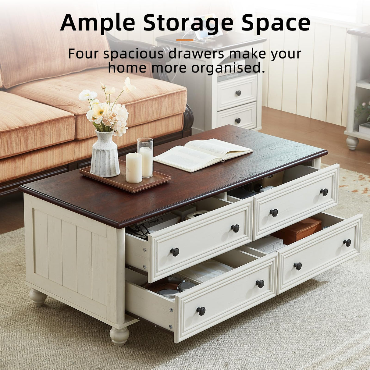 RWYHG 48" Farmhouse Coffee Table with Hidden Storage,Wooden Coffee Tables with 4 Drawers & Roman Column Handle,Rectangular Rustic Center Table with Solid Wood Curved Base for Living Room,Office,White RWYHG