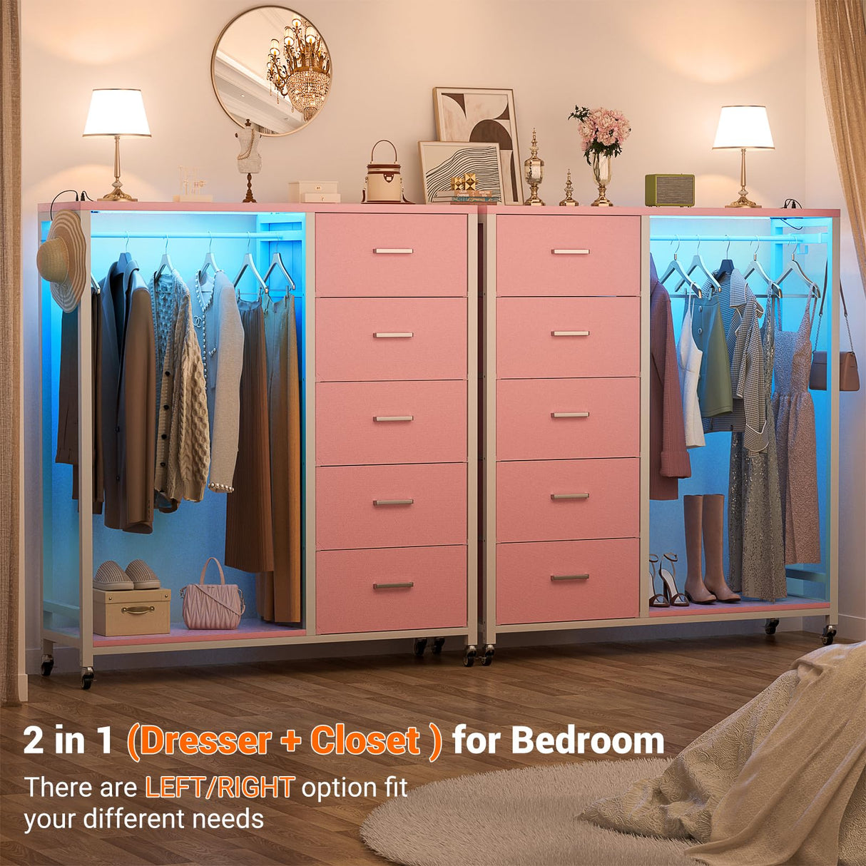 Cyclysio Dresser for Bedroom with Clothes Rack, 5 Drawers Dresser with Charging Station & LED Lights, Pink Storage Chest of Drawers with Wheels, Wooden Top, Lockable Wheels, Bedroom, Closet, Pink Cyclysio