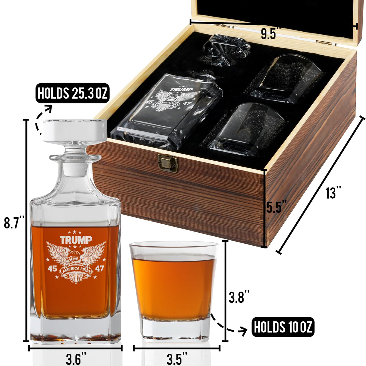 Trump Whiskey Decanter Set, Conservative Gift, Inauguration Day Engraved 45-47 Liquor Decanter 25oz, Whiskey Glasses Set With Wood Box, Gift for Trump Supporters,Trump For Presidency (Trump Decanter) Yay! Personalized Gifts