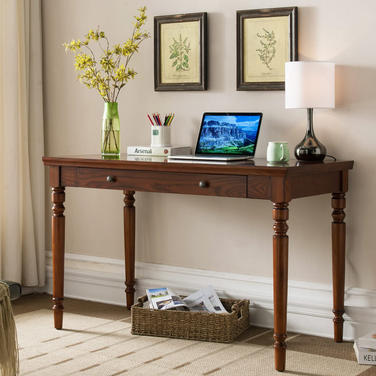 Leick Home SINCE 1910 Farmhouse Oak Turned leg Laptop Desk with Center Drawer, FURNITURE Leick Home
