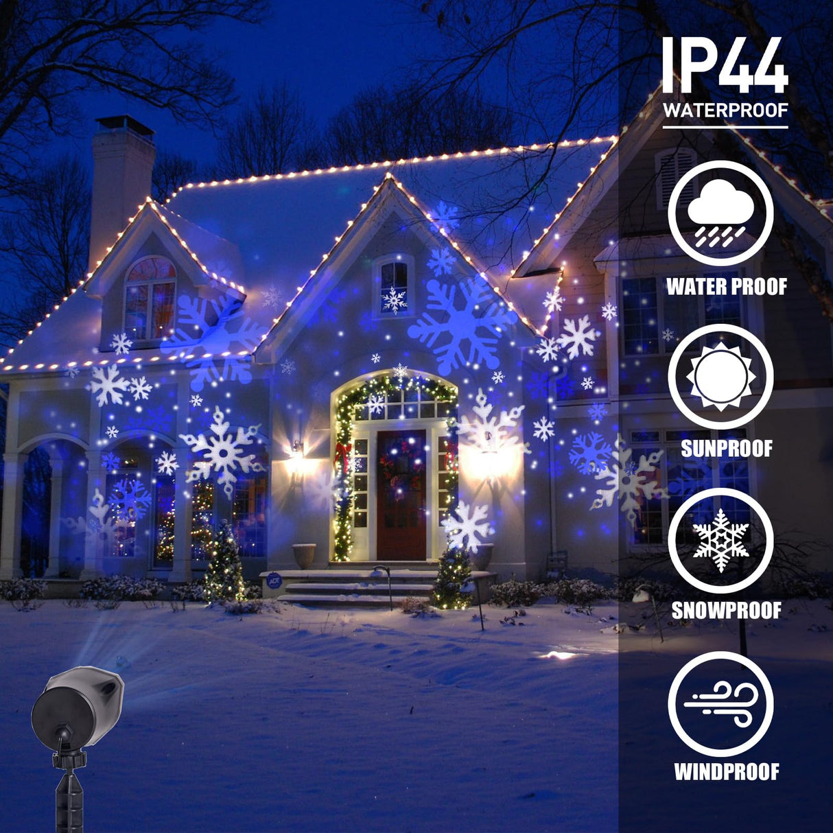 Vanthylit Christmas Projector Lights Outdoor, White Blue Snowflakes Projection Outside, Waterproof LED Landscape Christmas Light for Window Yard House Party Xmas Indoor Decor Vanthylit