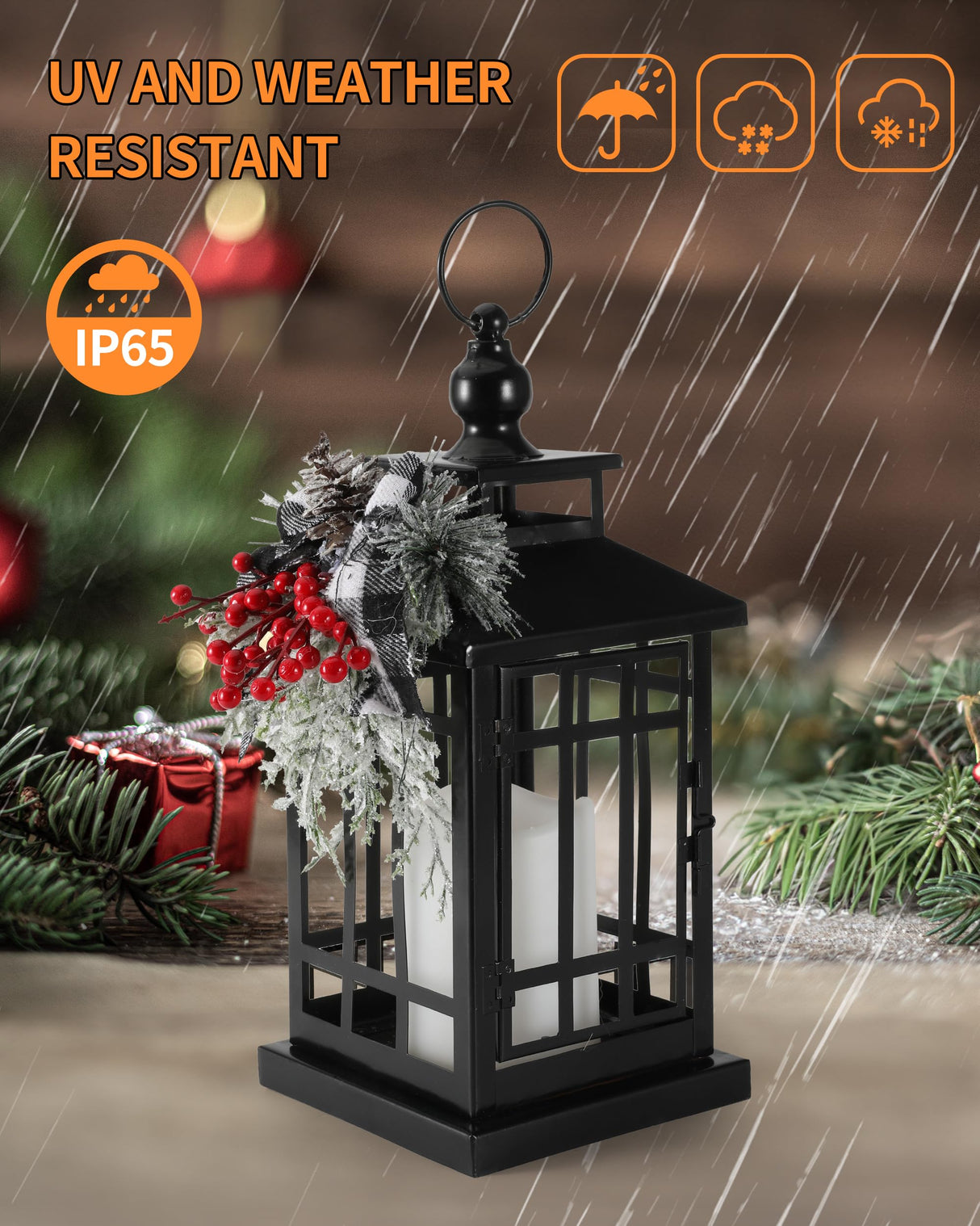 iStatue Metal Black Christmas Lantern with Flameless Candle, 14'' Modern Farmhouse Decor Festive Holiday Rustic Home Gifts for Indoor/Outdoor (Xmas) iStatue