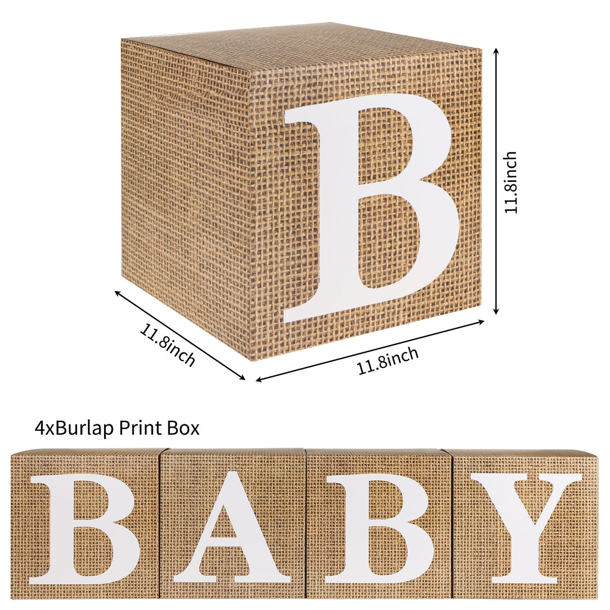 RUBFAC Baby Boxes with Letters for Baby Shower, 4pcs Rustic Farmhouse Style Boho Balloon Boxes with Burlap Grain for Birthday Gender Reveal Decoration Backdrop Photo Props rubfac