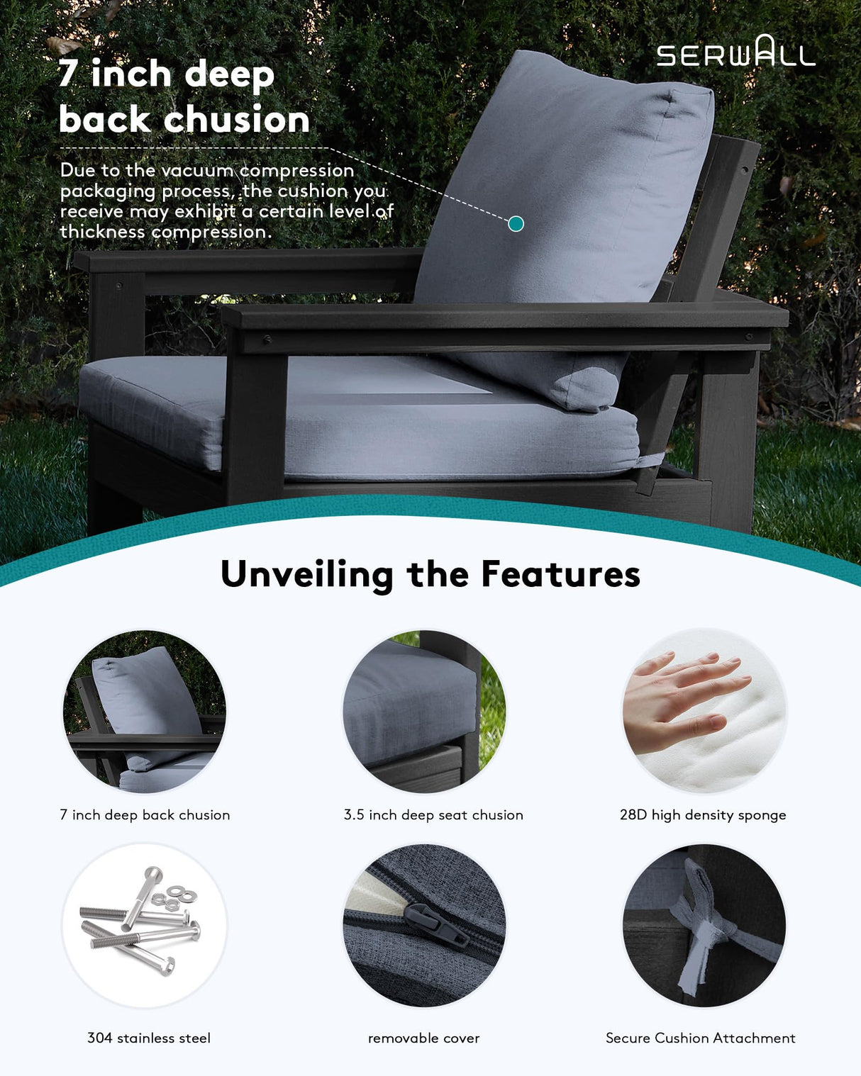 SERWALL HDPE Patio Furniture Set, 7-Piece Outdoor Sectional Sofa Set, All Weather Outdoor Couch Set for Deck, Lawn, Black Frame with Grey Cushion SERWALL