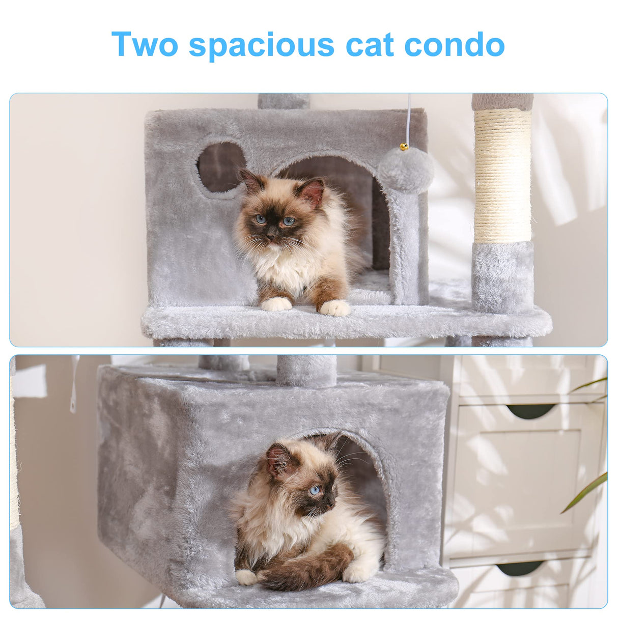 Hey-brother Multi-Level Cat Tree Condo Furniture with Sisal-Covered Scratching Posts, 2 Plush Condos, Perch Hammock for Kittens, Cats and Pets, Light Gray MPJ020-SW Hey-brother