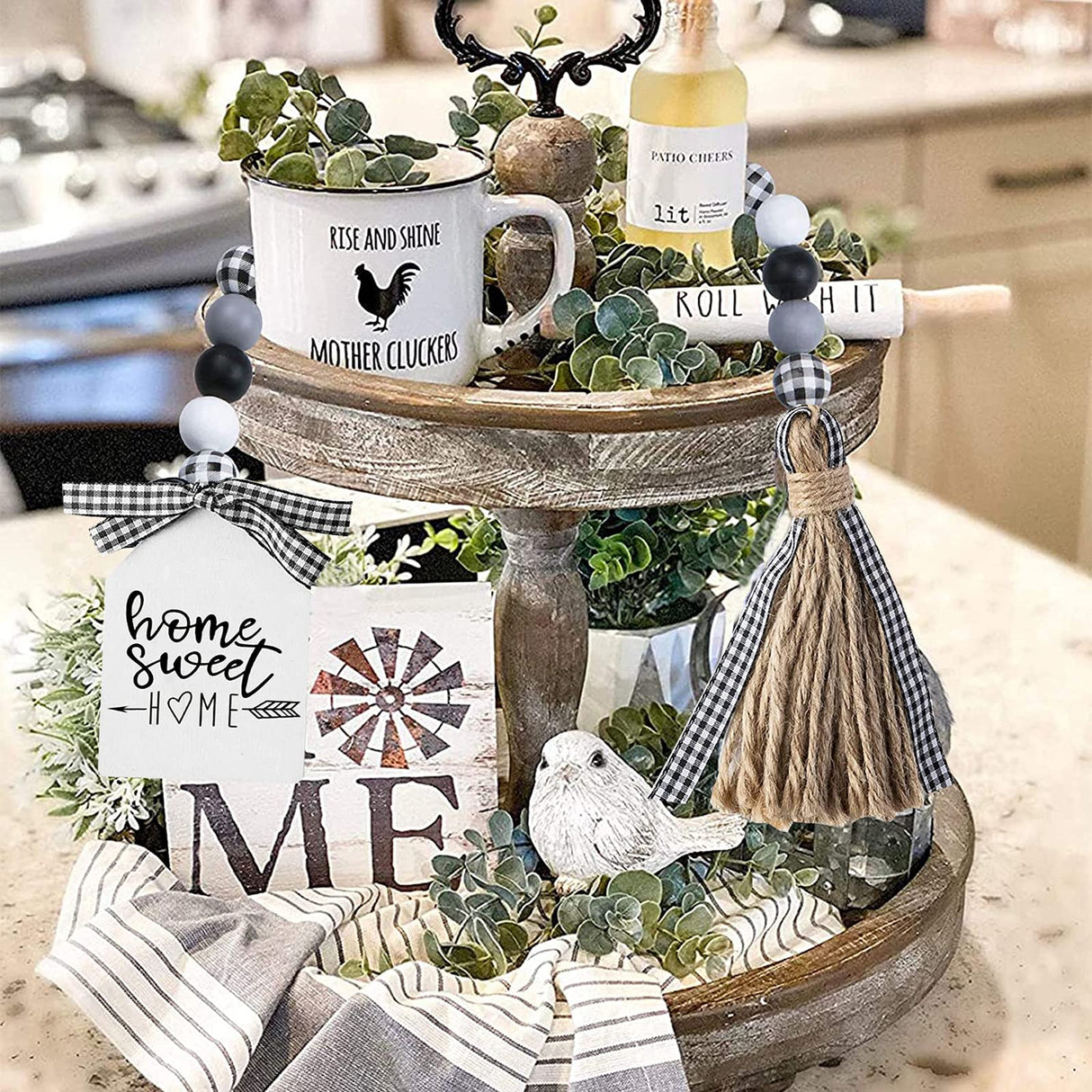 Farmhouse Plaid Wood Bead Garland with Tassel 40inch Hanging Decor Home Decorative Home Sign for Farmhouse Tiered Tray Wreath Elifel