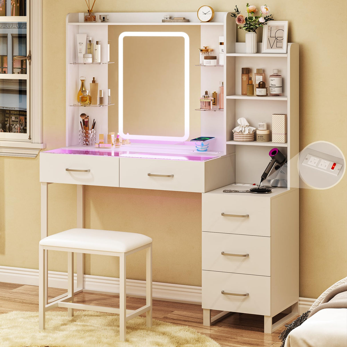 HUAHUU Vanity Desk with Mirror and LED Lights, 57.5" Makeup Vanity with Glass Top & Wireless Charging, Vanity with RGB Drawers, 3 Colors Light, Power Outlet Safety Switch for Bedroom, White HUAHUU