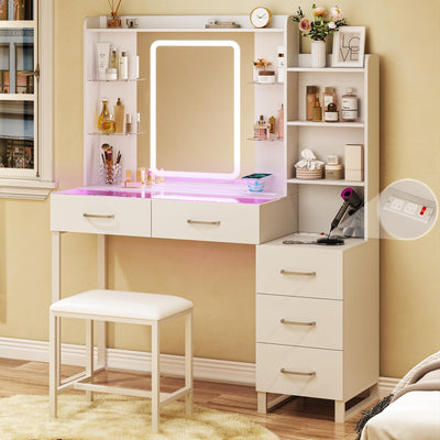 HUAHUU Vanity Desk with Mirror and LED Lights, 57.5" Makeup Vanity with Glass Top & Wireless Charging, Vanity with RGB Drawers, 3 Colors Light, Power Outlet Safety Switch for Bedroom, White