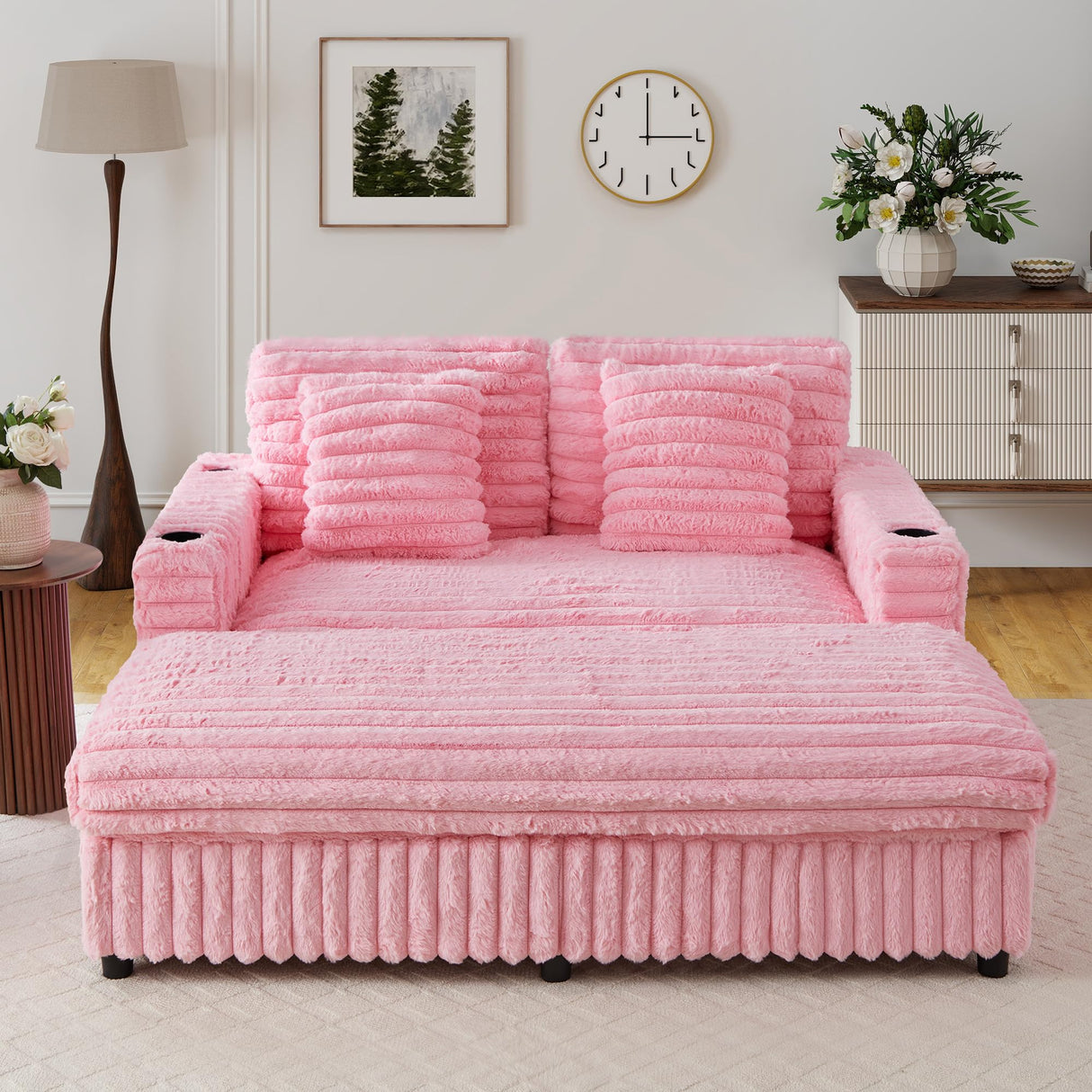 RARZOE 64'' Oversized Chaise Lounge Chair Indoor, Plush Faux Rabbit Fur Sleeper Sofa Bed with 4 Pillows, Charging Station & Cup Holders, Fluffy Comfy Cloud Couch Loveseat Sofa for Living Room,Pink RARZOE