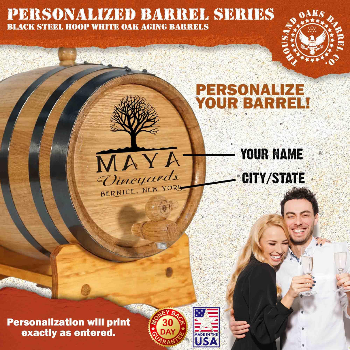 Personalized 10 Liter Oak Wine Barrel (2.5 gallon) with Stand, Bung, and Spigot | Age Cocktails, Bourbon, Whiskey, Beer and More! | Laser Engraved Vineyards Design (B331) THOUSAND OAKS BARREL
