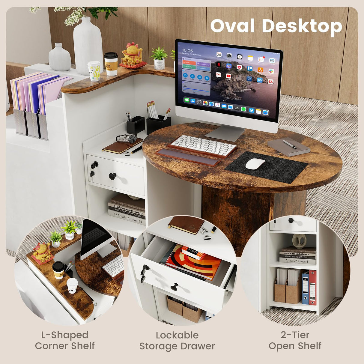 SILKYDRY Reception Desk, Small Retail Checkout Counter with Lockable Drawer and Open Shelves, Wooden Computer Workstation for Home Office Lobby, White Oval Desktop & Brown Counter SILKYDRY