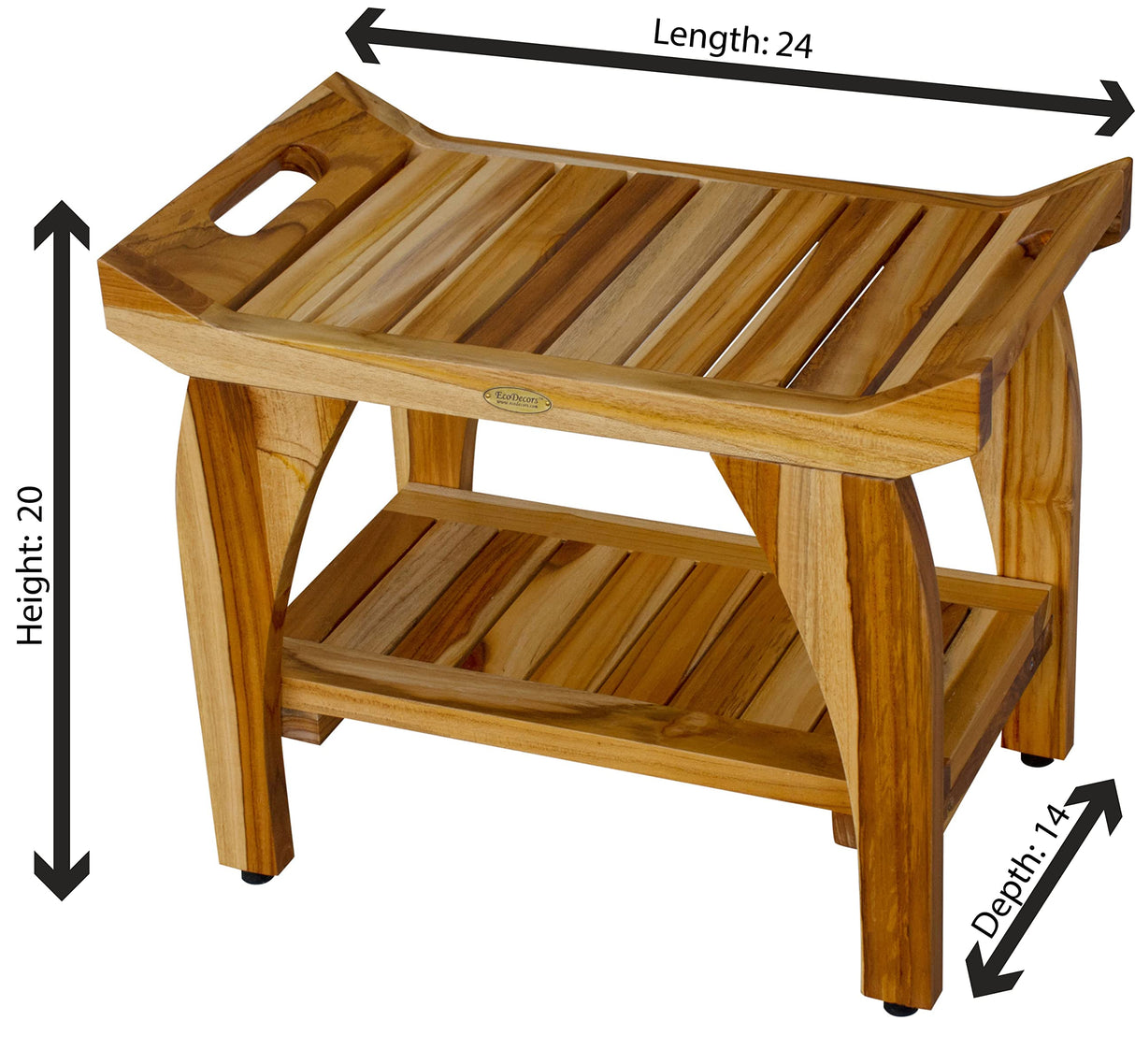 EcoDecors, 24 inch, Natural Wood, Teak Shower Bench, Shower Stool Wood, Wood Shower Chair, LiftAide Arms, Bathroom Bench Seat, Shower Bench Waterproof EcoDecors