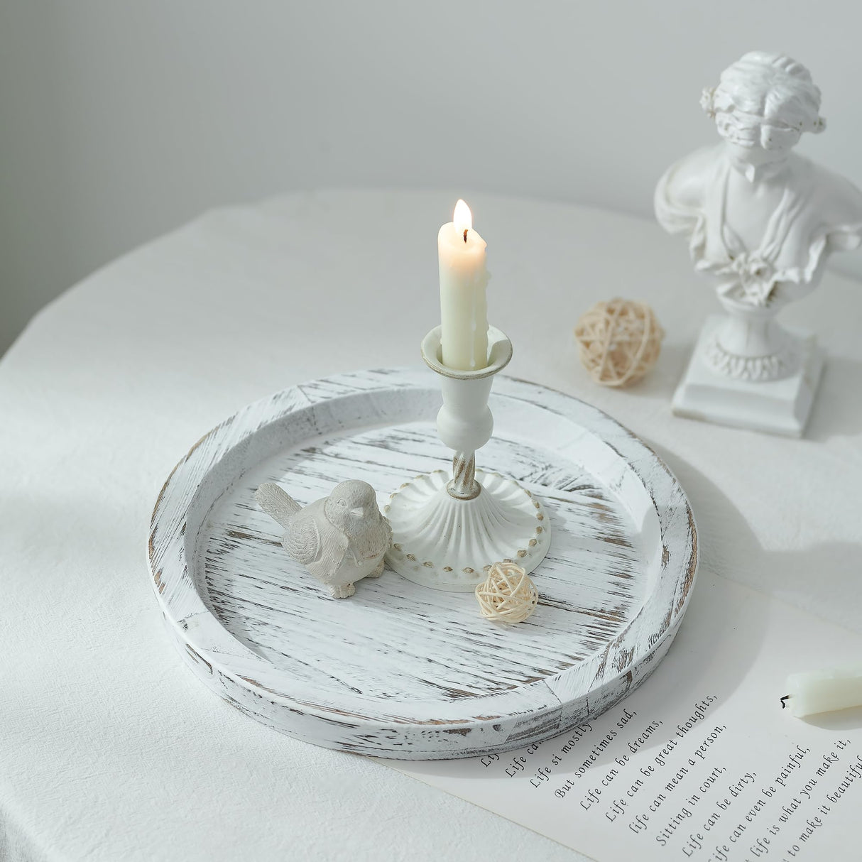 Hanobe Candle Plate Holder Tray: Round Wooden Decorative Candle Plate Small Farmhouse Table Centerpiece Rustic White Wood Tealight Pillar Trays for Home Decor Hanobe