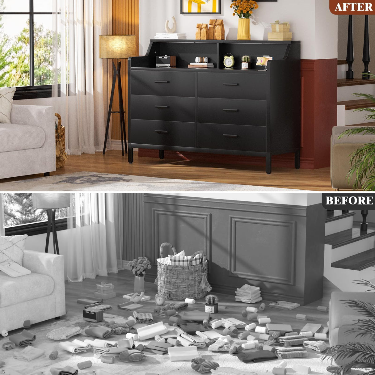 Hyomdeck 6 Drawer Dresser for Bedroom, Wooden Chest of Drawers with Power Outlets and Smart LED Light, Sturdy Modern Bedroom Furniture, Wide Storage Dresser for Living Room, Closet, Entryway, Black Hyomdeck